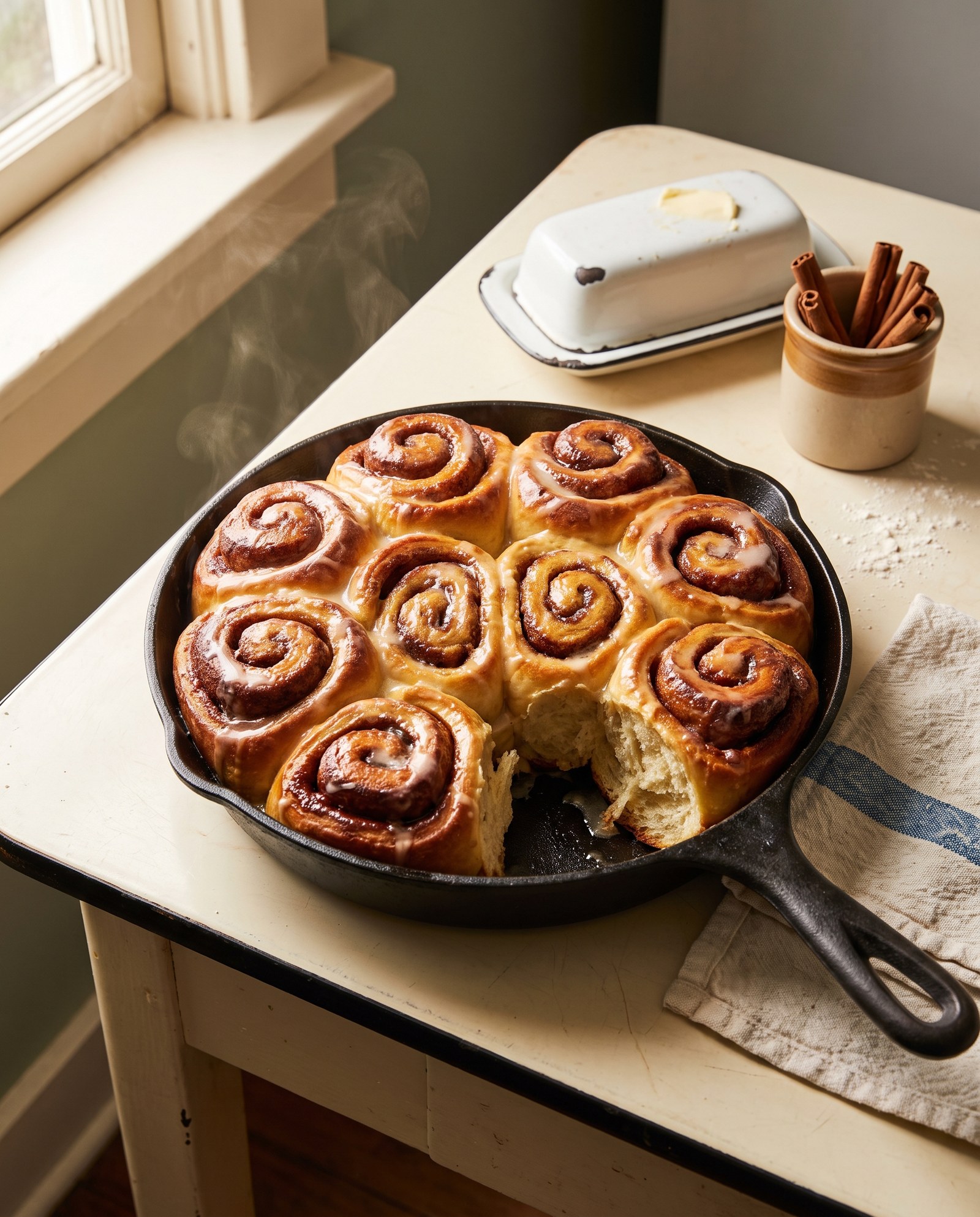 Nine golden cinnamon yeast buns in a cast-iron skillet